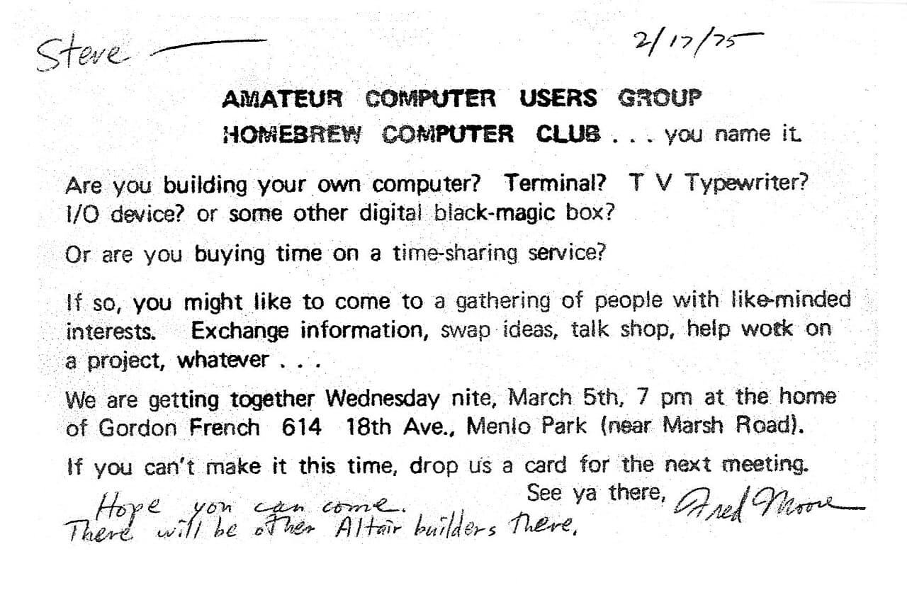 Invitation flyer to the first Homebrew Computer Club meeting in 1975