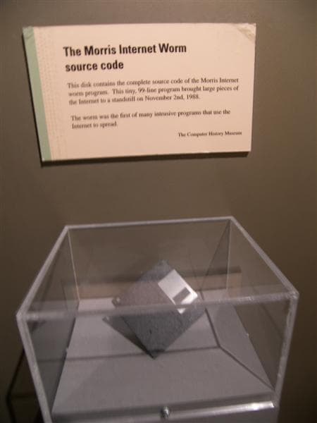 The Morris Worm source code on a floppy disk on display at the Computer History Museum